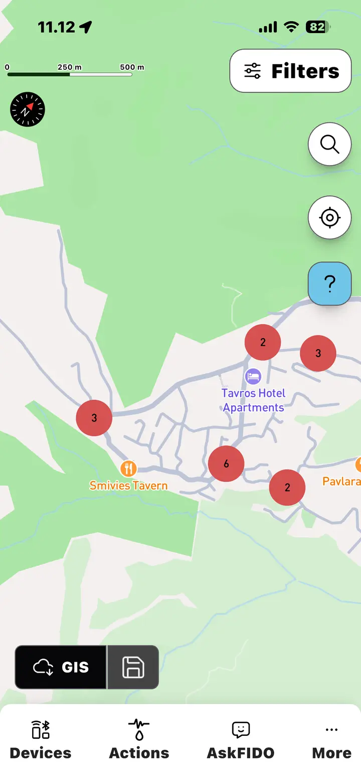 AI acoustic monitoring map used by LeakBusters during a Cyprus network investigation